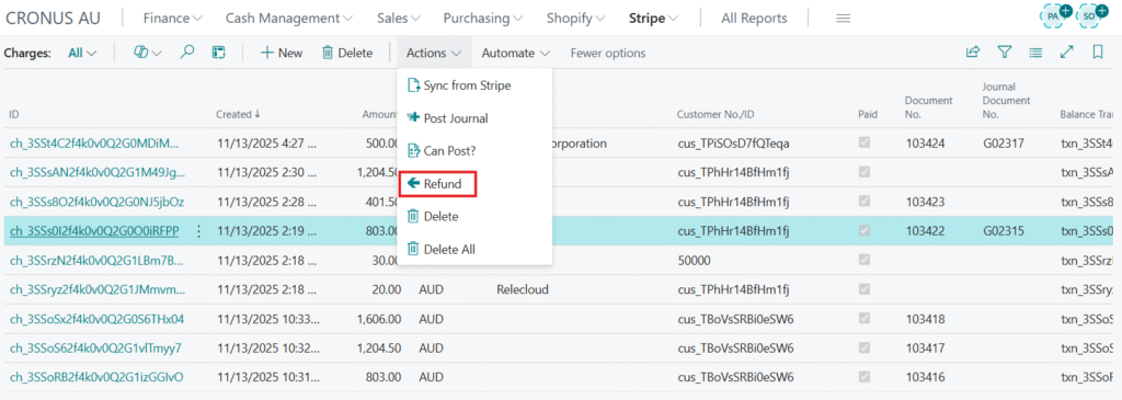 Stripe refund in Business Central