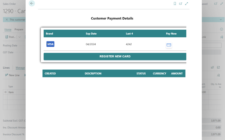 Saved Stripe payment card in Business Central